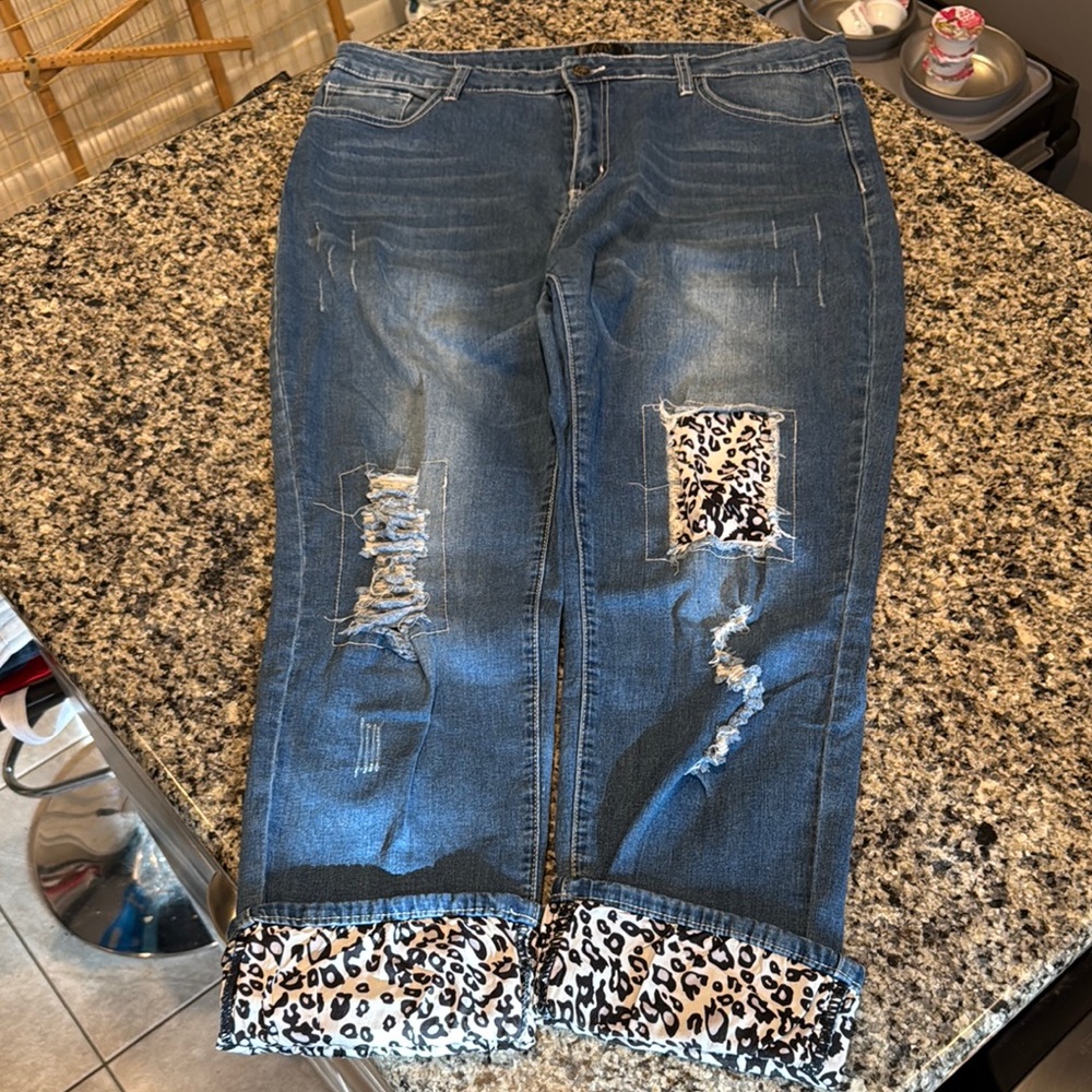 Leopard Cuff Distressed Blue Jeans
